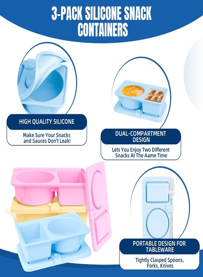 TULOBI 3 Pack Silicone Reusable Snack Containers with Lids, Cute Double Compartment Snackle Box Containersfor Dips Salad Condiment, Small Food Snack Case for Travel, School, Picnics - Image 3