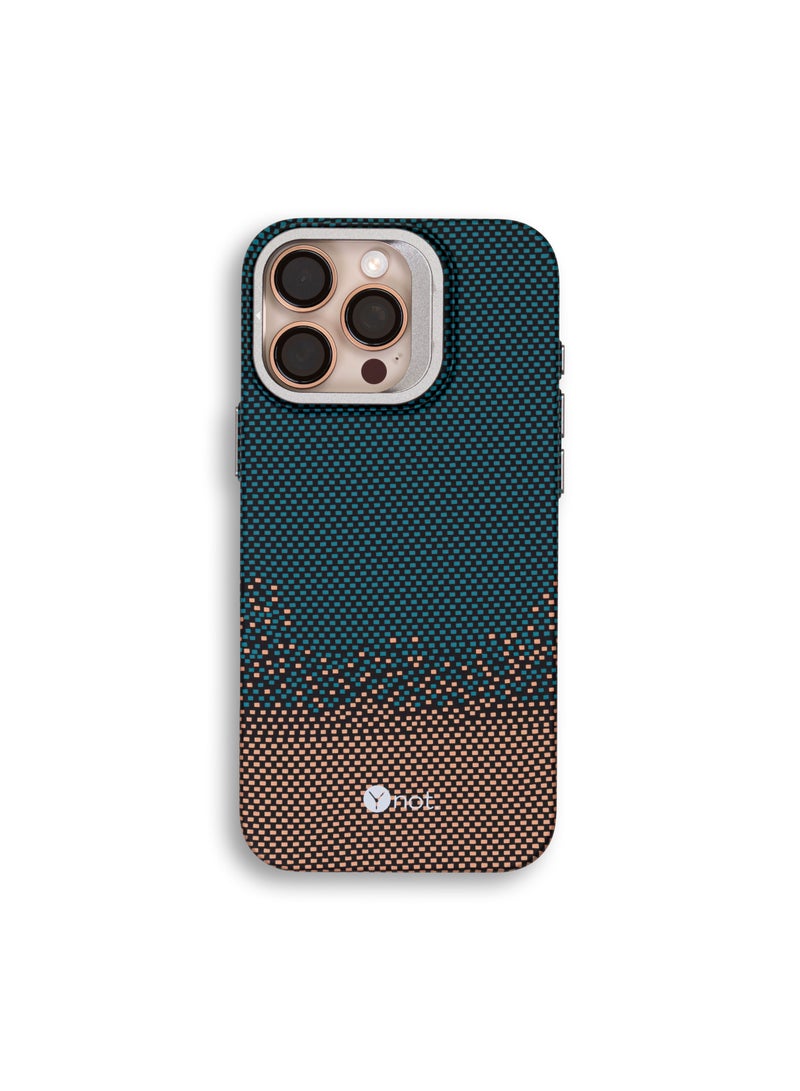 YNOT iPhone 15 Kevlar Fiber Case with MagSafe and Stand - Green & Brown - Image 1