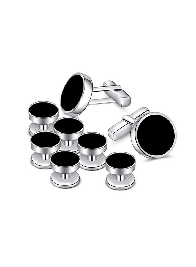 Merit Ocean Mens Onyx Cufflinks And Studs Set Silver Black Cufflinks For Men Tuxedo Shirts Business Wedding Gift - Image 1