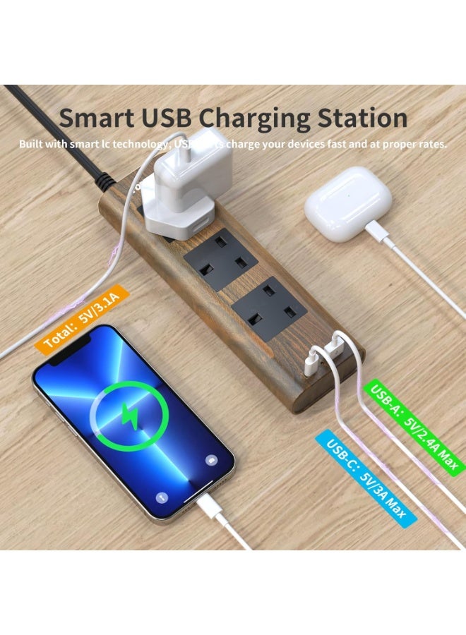 TOPREK Wood Grain 3 Way Extension Lead with USB Slots, Surge Protection, ON/OFF Switch, 13A/3250W, Extension Cable 2M for Home Kitchen Office - Image 5