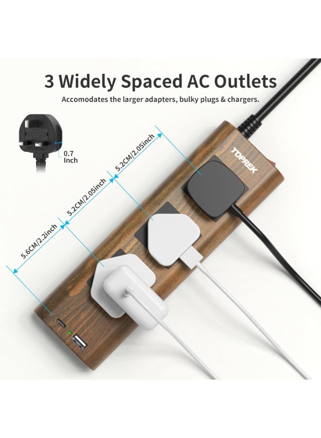 TOPREK Wood Grain 3 Way Extension Lead with USB Slots, Surge Protection, ON/OFF Switch, 13A/3250W, Extension Cable 2M for Home Kitchen Office - Image 3