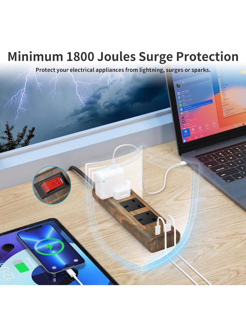 TOPREK Wood Grain 3 Way Extension Lead with USB Slots, Surge Protection, ON/OFF Switch, 13A/3250W, Extension Cable 2M for Home Kitchen Office - Image 4
