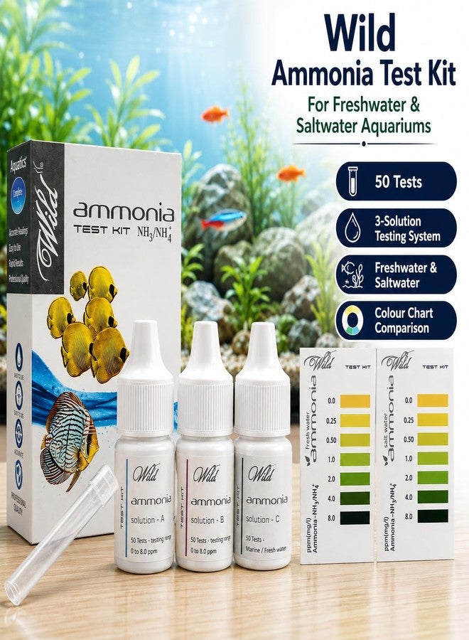 VAYINATO® Aquatic Remedies Wild Ammonia Test Kit for Aquarium | Freshwater & Saltwater Water Testing Kit | 3 Solution Test with Colour Comparison Chart | Up to 50 Tests - Image 1