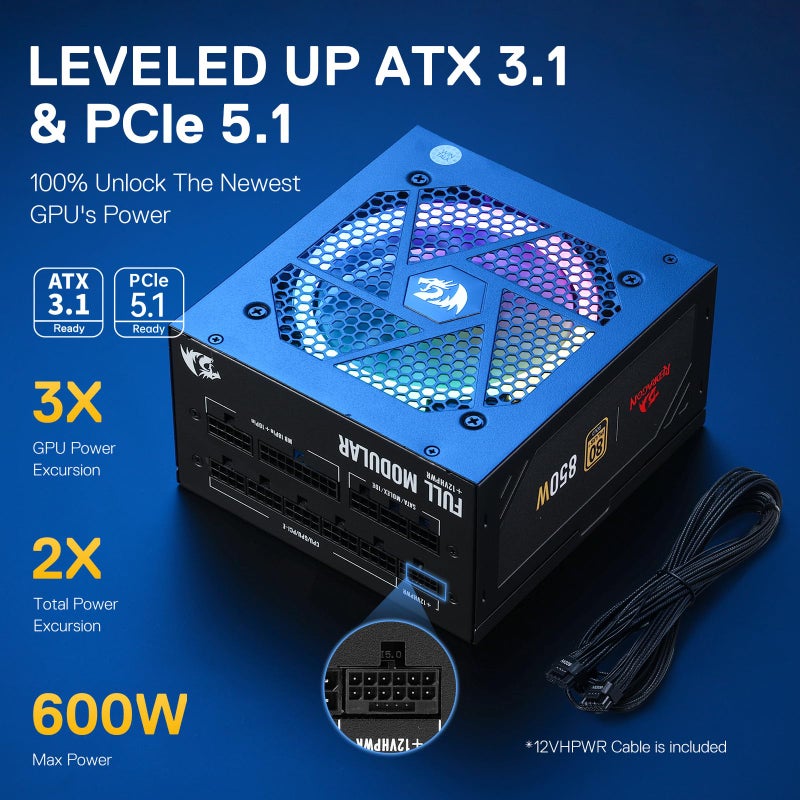 Redragon RGPS-850W 80+ Gold 850 Watt Power Supply w/Upgraded ATX 3.1 & PCIe 5.1 Fully Modular, 12VHPWR Cable Included, 100% Japanese Capacitors, Smart ECO Low Noise RGB Fan, Compact 160mm Size - Image 4