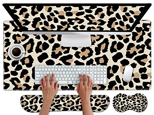 EDGFRTOIO Pretty Mouse Pad and Wrist Rest Set Extended Desk Mat 315 x 118 with Memory Foam Ergonomic Keyboard Pad Large Gaming Mouse Pad NonSlip Easy Typing for Home Office Decor Leopard Cheetah Print - Image 1