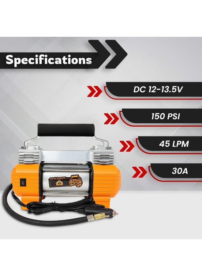 سفاري ضاغط هواء سفاري ثنائي الأسطوانات 12 فولت 150 رطل لكل بوصة مربعة، منفاخ إطارات محمول مع ضوء LED، ومقياس ضغط، 45 لترًا في الدقيقة، ومشبك بطارية، وموصل ولاعة سجائر، و4 محولات فوهات، وخرطوم هواء، وحقيبة حمل للسيارة، وسيارات الدفع الرباعي، والدراجات النارية، والدراجات الهوائية، والألعاب القابلة للنفخ - Image 4