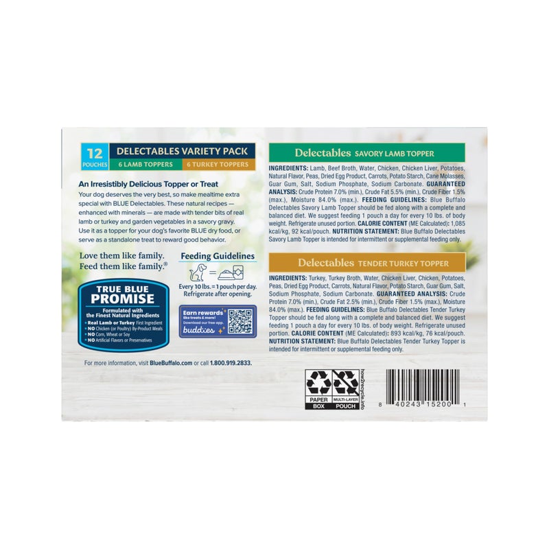Blue Buffalo Delectables Natural Wet Dog Food Topper Variety Pack, Lamb & Turkey Dinner 3oz (12 Pack - 6 of Each Flavor) - Image 2