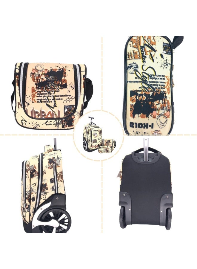 i-kola 3pcs Beige Kids Rolling School Bag Set – School Trolley Bag with Lunch Bag & Pencil Case | 18″ Kid Luggage Bag with Wheels  | School Bag For Boys & Girls | Kids Travel Luggage Trolley Set (E911-18BW3) - Image 3