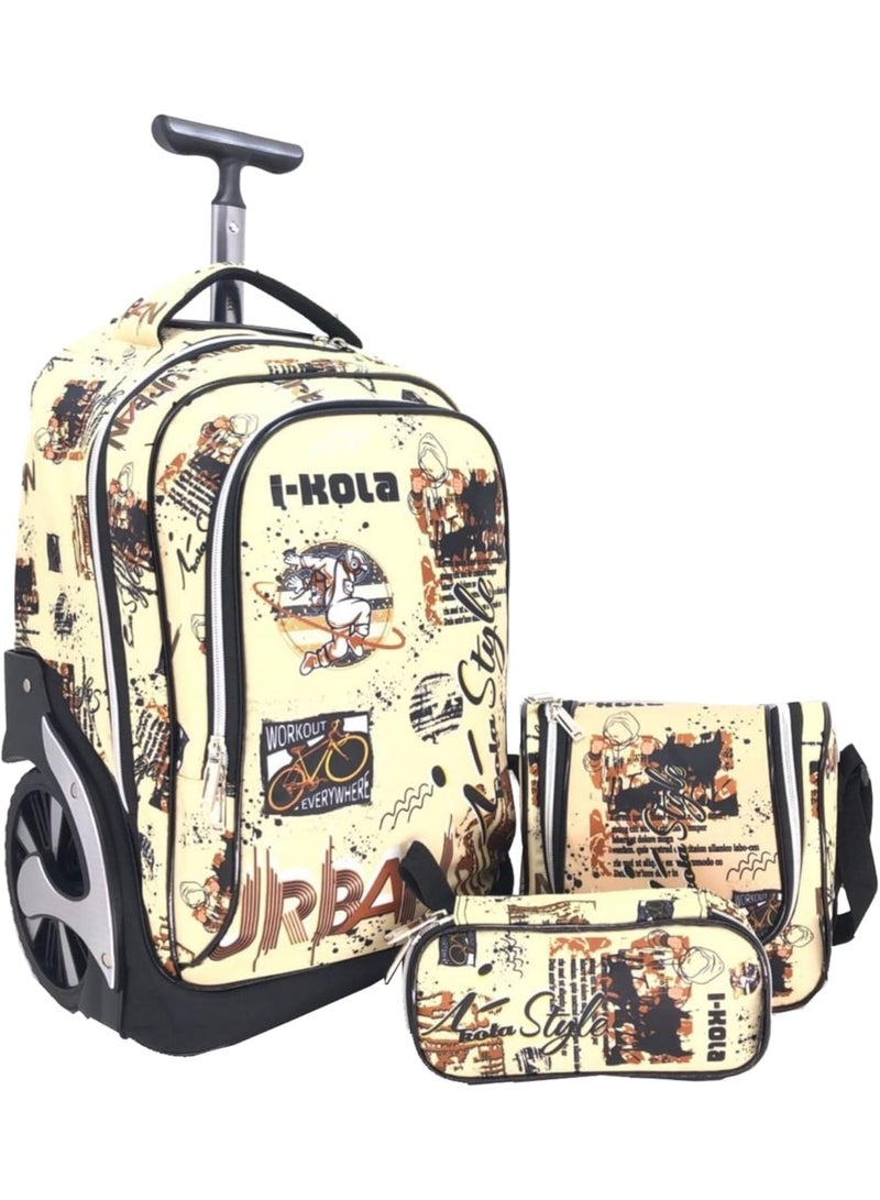 i-kola 3pcs Beige Kids Rolling School Bag Set – School Trolley Bag with Lunch Bag & Pencil Case | 18″ Kid Luggage Bag with Wheels  | School Bag For Boys & Girls | Kids Travel Luggage Trolley Set (E911-18BW3) - Image 1