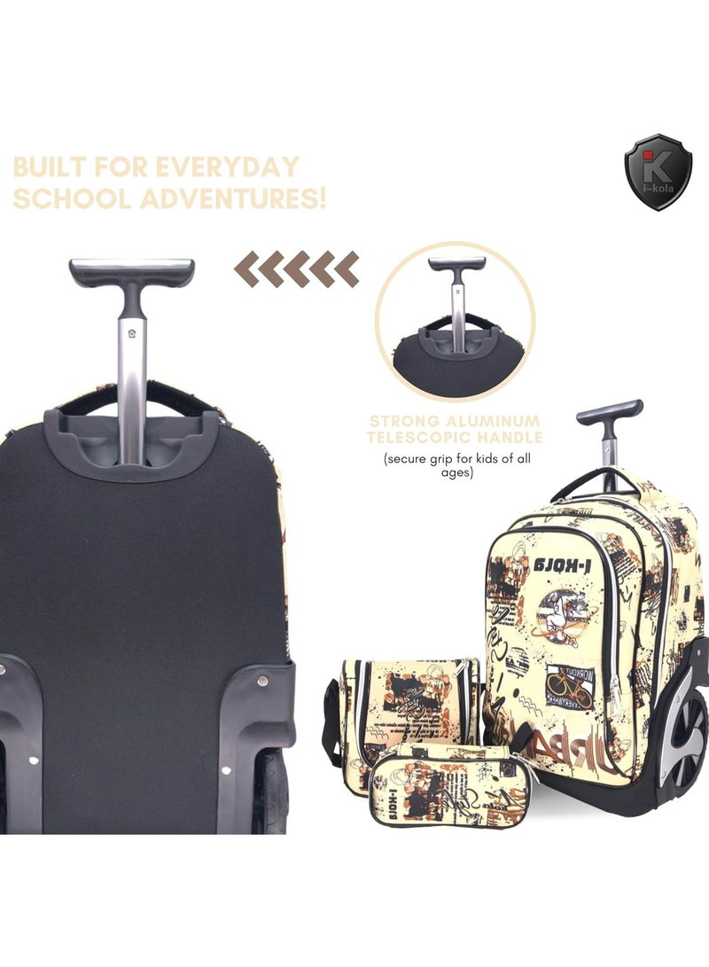 i-kola 3pcs Beige Kids Rolling School Bag Set – School Trolley Bag with Lunch Bag & Pencil Case | 18″ Kid Luggage Bag with Wheels  | School Bag For Boys & Girls | Kids Travel Luggage Trolley Set (E911-18BW3) - Image 4