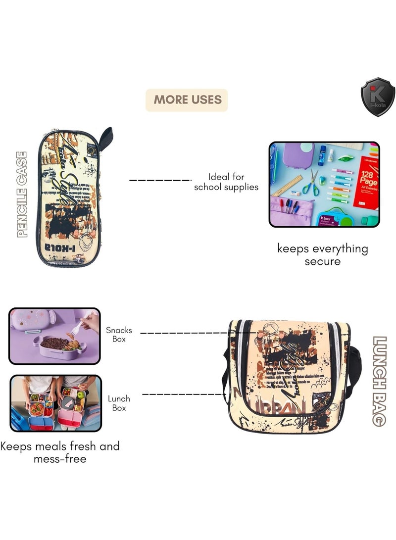 i-kola 3pcs Beige Kids Rolling School Bag Set – School Trolley Bag with Lunch Bag & Pencil Case | 18″ Kid Luggage Bag with Wheels  | School Bag For Boys & Girls | Kids Travel Luggage Trolley Set (E911-18BW3) - Image 2