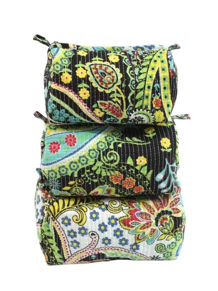 Craft Lovers Set of 3 Pieces Block Print Designer Toiletry Bag Makeup Case Boho Floral Quilted Pouch for Cosmetics Waterproof Lined Organizer for Diaper Bag Purse Travel Gift Pencils Bags Model 05 - Image 1