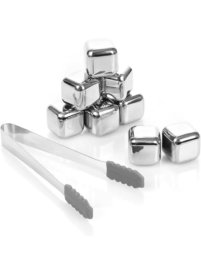 TRASSLE 8 PCS Stainless Steel Metal Ice Cube, Reusable Cooling Rocks, Set with Tongs and Ice Cube Trays for Juice or Soda  - Image 1