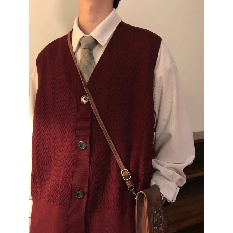 Vintage City Boy Sweater Vest Casual Knitted Cardigan Top Loose Fit Autumn Winter Trendy Mens Wear Cross Body Top Red  - Image 1