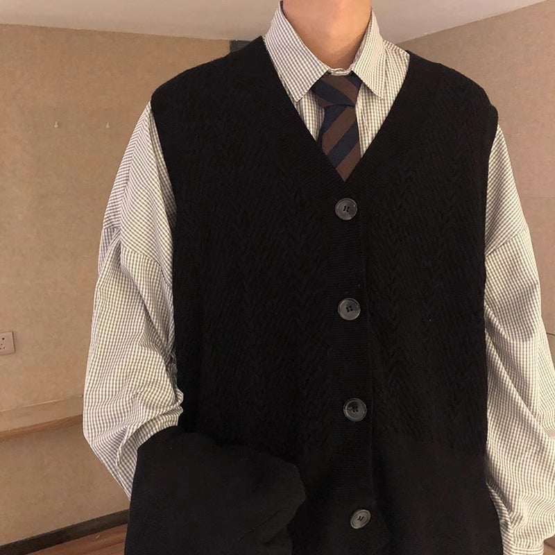 Vintage City Boy Sweater Vest Casual Knitted Cardigan Top Loose Fit Autumn Winter Trendy Mens Wear Cross Body Top Red  - Image 2