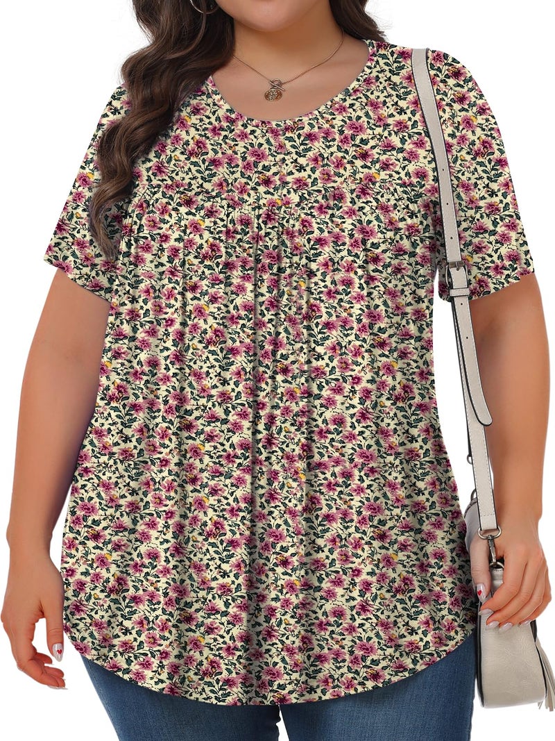 Tencede Womens Plus Size Tops Tunic Short Sleeve Crew Neck Shirts Casual Soft Blouse Red Apricot 3X - Image 2