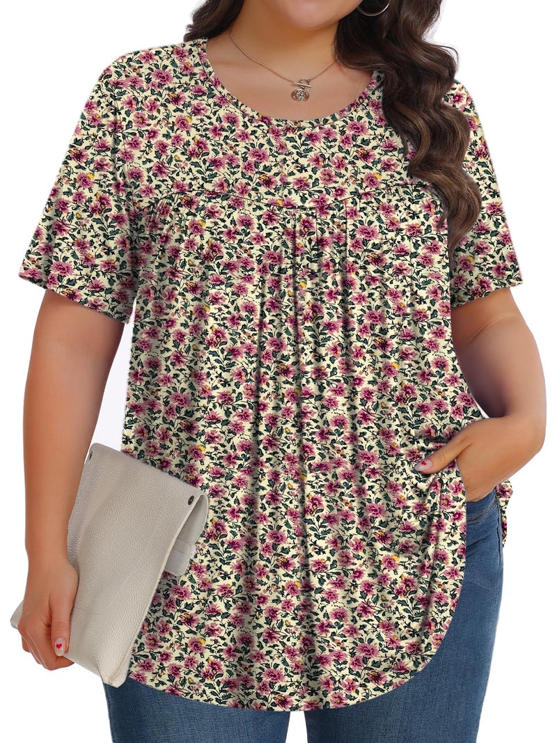 Tencede Womens Plus Size Tops Tunic Short Sleeve Crew Neck Shirts Casual Soft Blouse Red Apricot 3X - Image 1