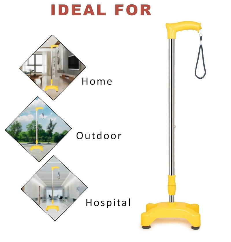 KDS SURGICAL Iron And PVC 4 Leg Quadripod Crome Height Adjustable Men/Women/Old Age People Unisex Patient Walking Stick 38 Inch - Yellow - Image 4