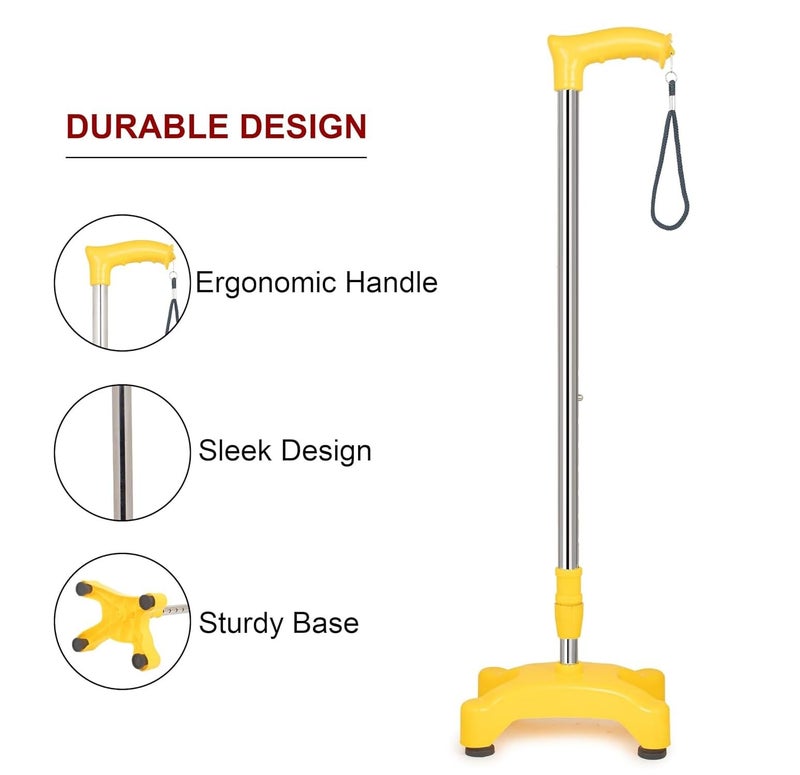 KDS SURGICAL Iron And PVC 4 Leg Quadripod Crome Height Adjustable Men/Women/Old Age People Unisex Patient Walking Stick 38 Inch - Yellow - Image 3