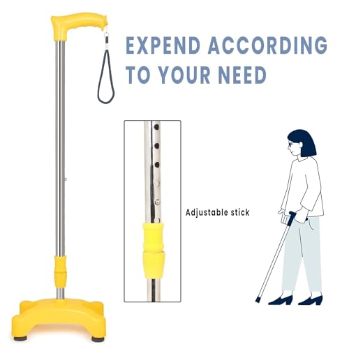 KDS SURGICAL Iron And PVC 4 Leg Quadripod Crome Height Adjustable Men/Women/Old Age People Unisex Patient Walking Stick 38 Inch - Yellow - Image 5