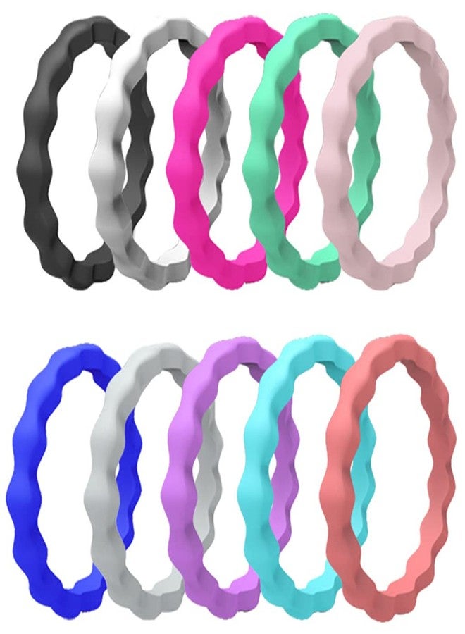 AZYOUNG Womens 3mm Wide Wave Silicone Wedding Ring 10pcs sets Green Blue White Stackable Rubber Bands - US Size 4-10 (6) - Image 1