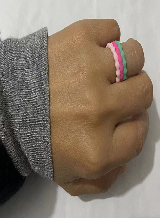 AZYOUNG Womens 3mm Wide Wave Silicone Wedding Ring 10pcs sets Green Blue White Stackable Rubber Bands - US Size 4-10 (6) - Image 3