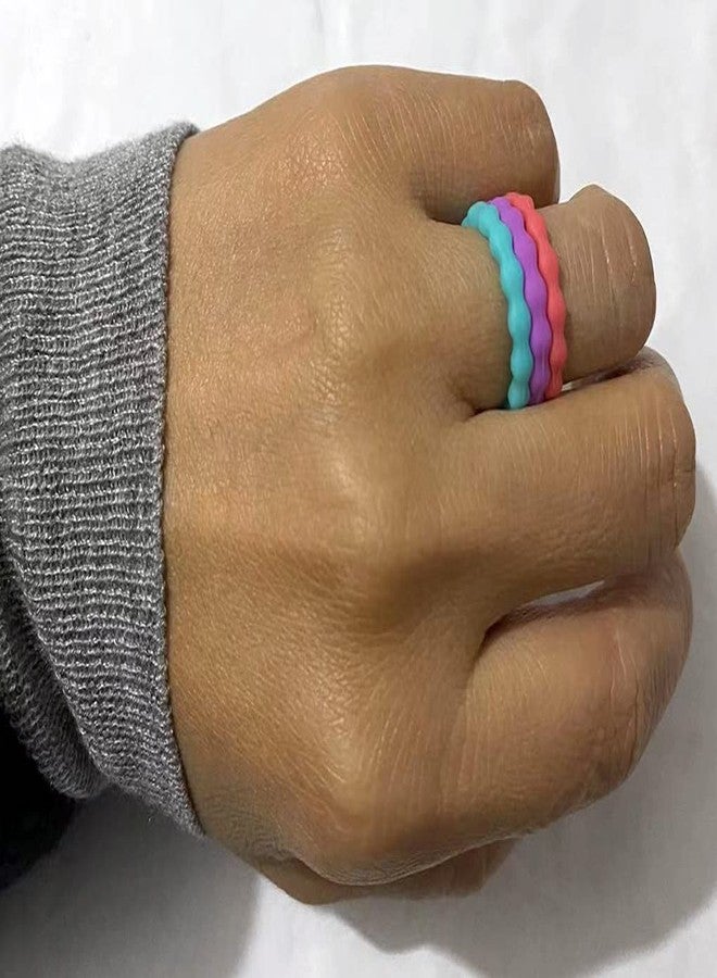 AZYOUNG Womens 3mm Wide Wave Silicone Wedding Ring 10pcs sets Green Blue White Stackable Rubber Bands - US Size 4-10 (6) - Image 2