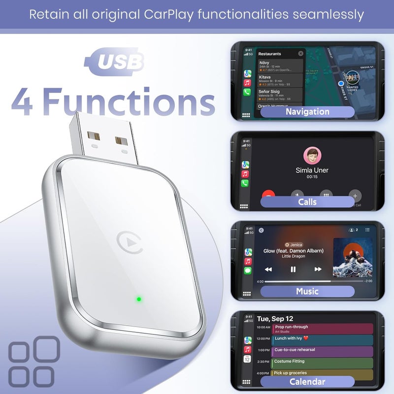 هامبى  محول CarPlay لاسلكي لـ iPhone، يحول السلكي إلى لاسلكي، حجم صغير مع كابل تمديد USB و USB C/Type-C، تحكم مستقر وبدون تأخير، أبيض - Image 5