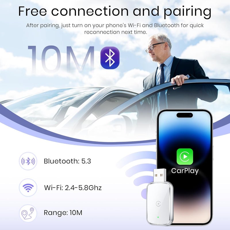 هامبى  محول CarPlay لاسلكي لـ iPhone، يحول السلكي إلى لاسلكي، حجم صغير مع كابل تمديد USB و USB C/Type-C، تحكم مستقر وبدون تأخير، أبيض - Image 4