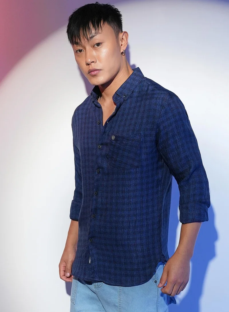 Campus Sutra  Men's Indigo Blue Gingham Check Shirt for Men | Best Price UAE