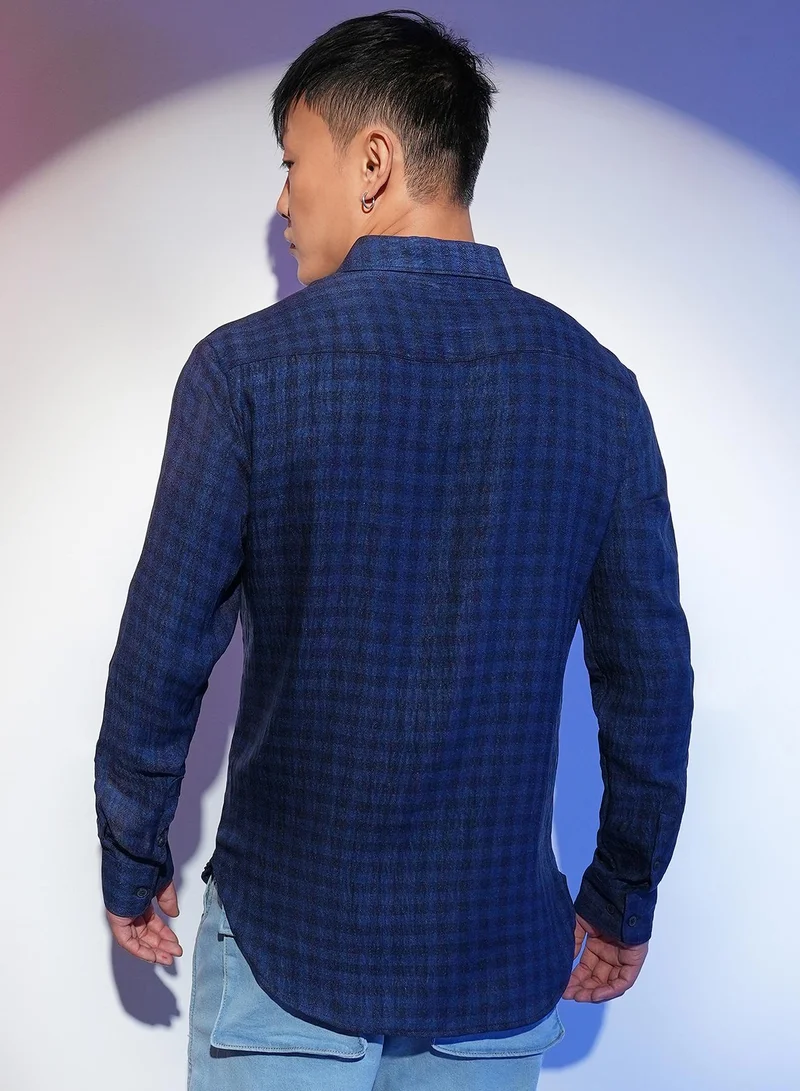 Campus Sutra  Men's Indigo Blue Gingham Check Shirt for Men | Best Price UAE