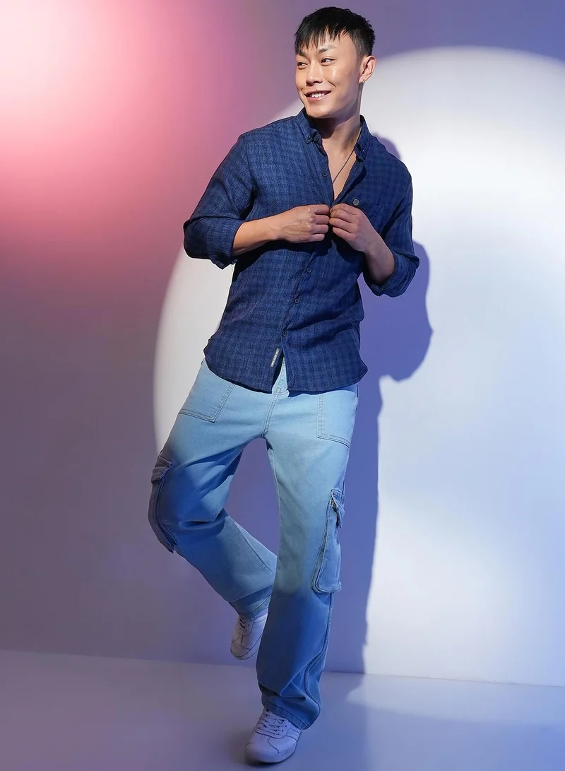 Campus Sutra  Men's Indigo Blue Gingham Check Shirt for Men | Best Price UAE