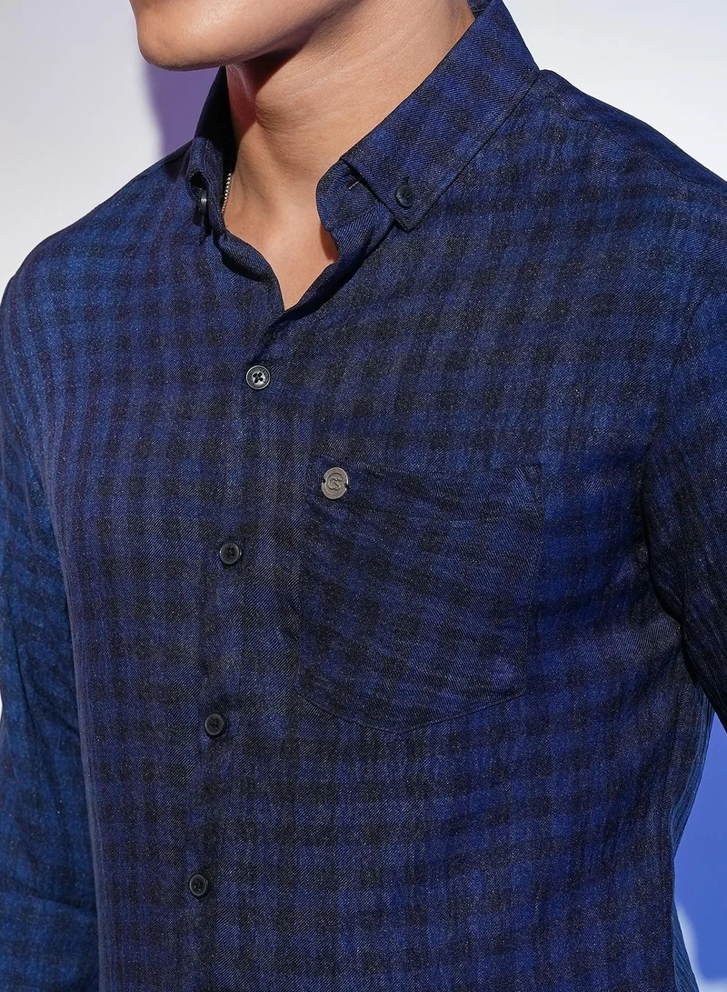Campus Sutra  Men's Indigo Blue Gingham Check Shirt for Men | Best Price UAE