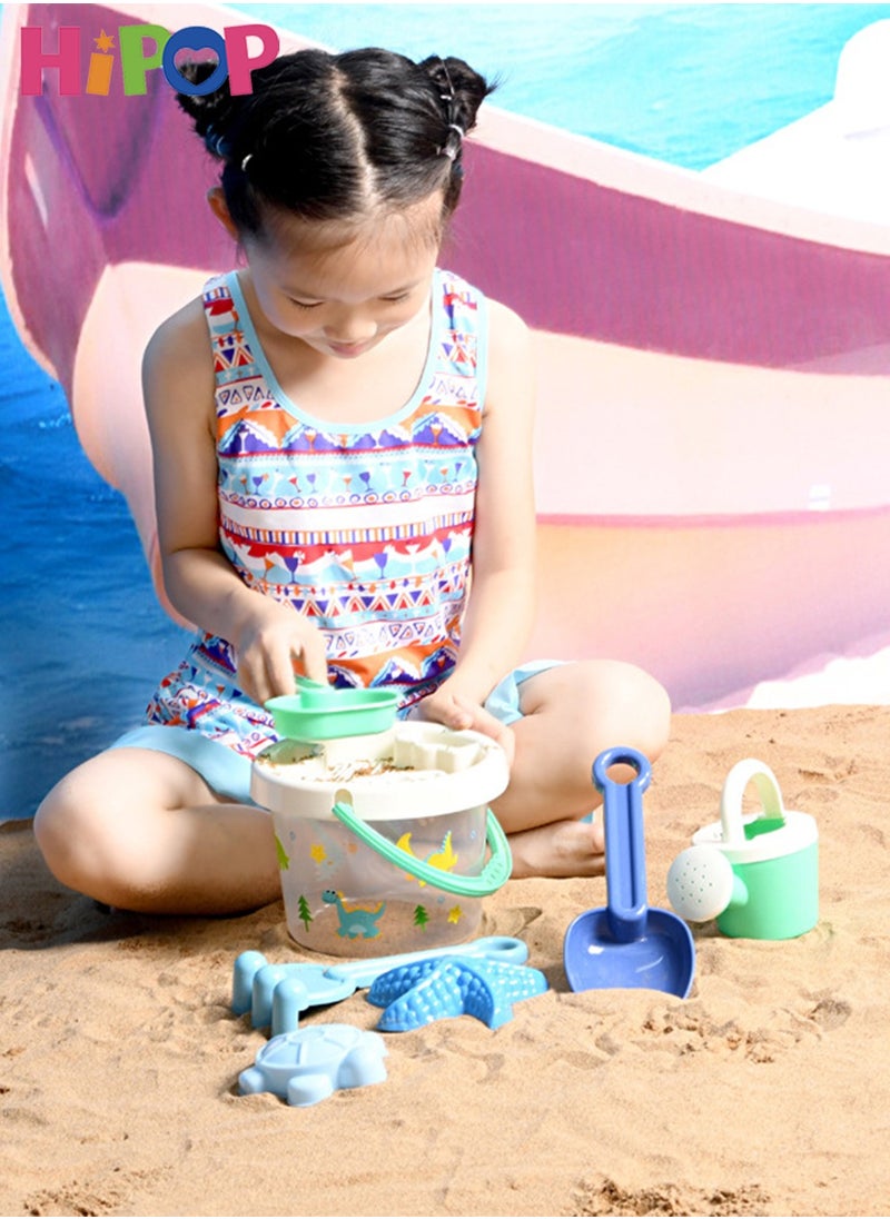 HIPOP - Beach Sand Toy Set, with Mesh Bag, Transparent Sand Bucket, Model Toys, Shovel, Rake, Outdoor Beach Toy Kit for Kids, Toddlers, Boys and Girls (7 Pieces) - Image 1