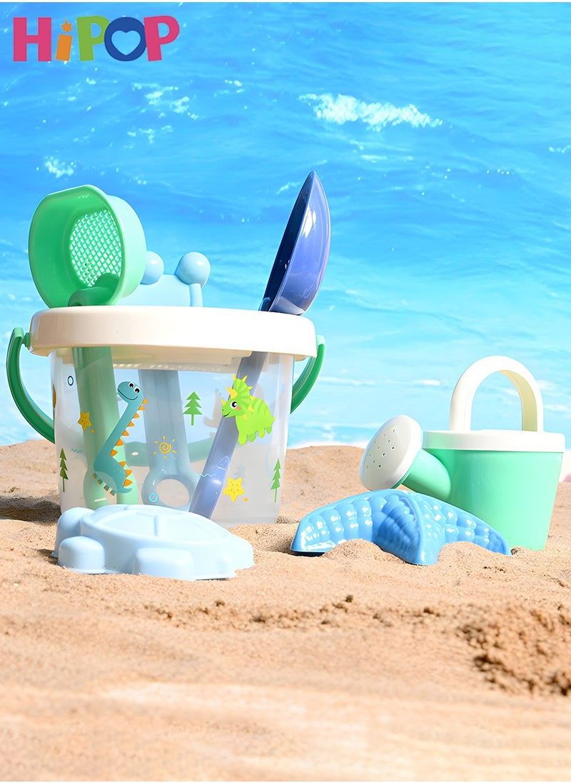 HIPOP - Beach Sand Toy Set, with Mesh Bag, Transparent Sand Bucket, Model Toys, Shovel, Rake, Outdoor Beach Toy Kit for Kids, Toddlers, Boys and Girls (7 Pieces) - Image 1