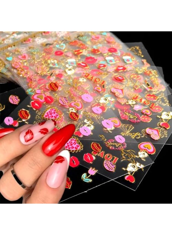 SPLOCUDU 30 Sheets Valentines Day Nail Art Stickers Red Heart Nail Decals 3D SelfAdhesive Rose Lip Kiss Nail Supplies DIY Acrylic Nails Decoration Accessories for Women and Girls - Image 1