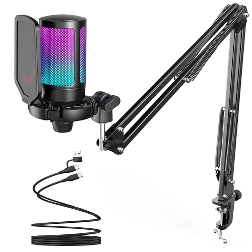 FIFINE A6T USB Gaming Microphone Kit, Plug & Play for PC, PS4/5, Condenser Cardioid Microphone Set with Mute Button, Volume Gain, RGB, Arm Stand, for Streaming, Discord, Twitch, Video, YouTube|Black - Image 1