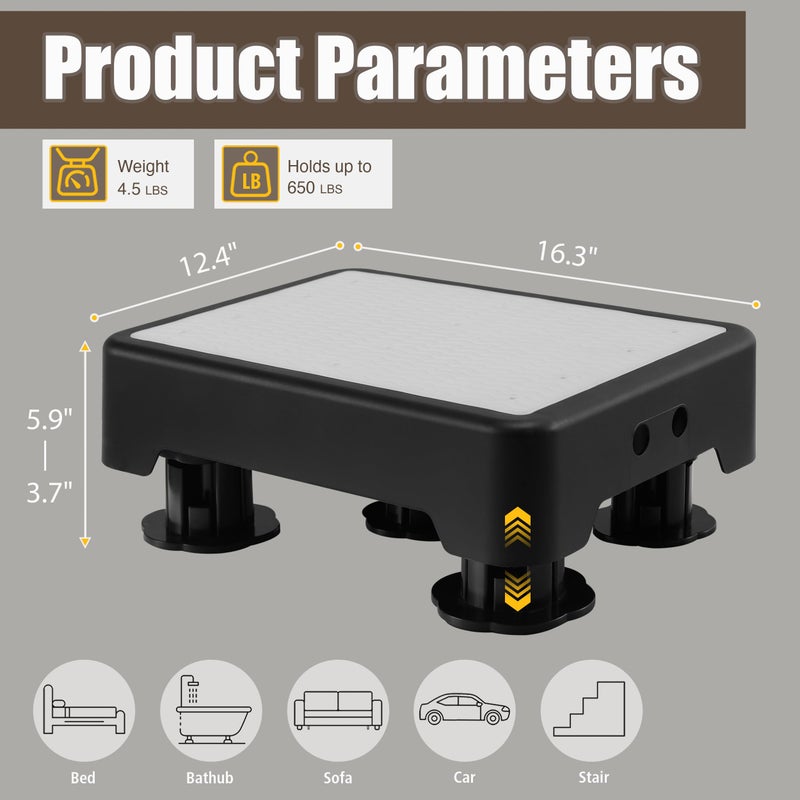 CHIKILLA Adjustable Step Stool for Bedside High Beds, Glow in the Dark Bed Steps for Adults Elderly, 650LBS Heavy Duty Non-Slip Safety Platform for Car, Bathtub, Kitchen, 3 Height Settings 3.7"-5.9" - Image 2