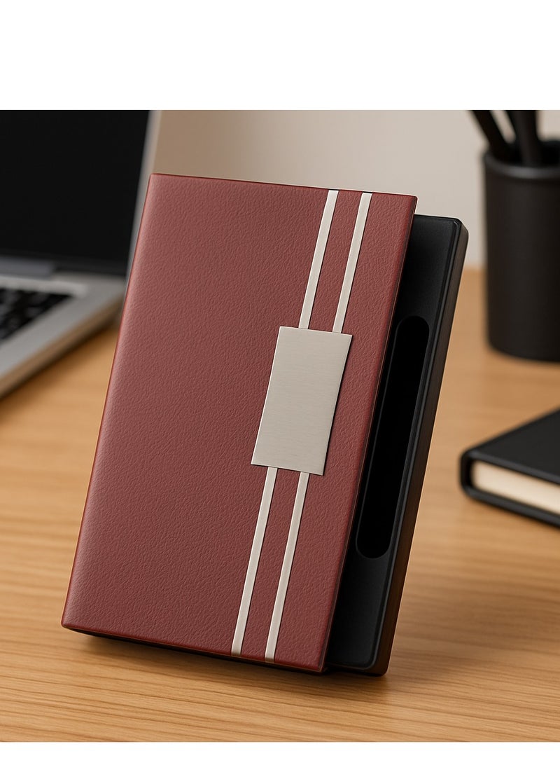 Premium Faux Leather and Stainless Steel Card Holder - Stylish Dark Brown Design  - Image 1
