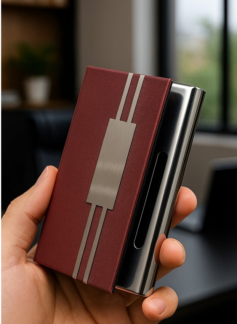 Premium Faux Leather and Stainless Steel Card Holder - Stylish Dark Brown Design  - Image 2