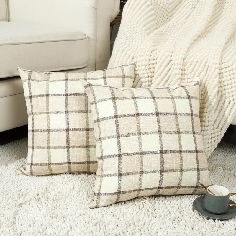 Stellhome Fall Linen Buffalo Check Throw Pillow Covers Autumn Farmhouse Plaid Decorative Cushion Covers for Couch Sofa Living Room Pack of 2 18x18 Inch Beige