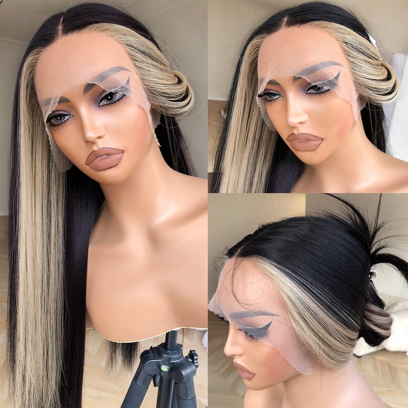 BrownBomb Skunk Stripe Wig Lace Front Wig Pre Plucked Ready to Wear HD Glueless 13X5X1 Synthetic Lace Front Wigs for Women 180 Density 26inch Black and Blonde Wig Skunk Stripe Effortless Chic