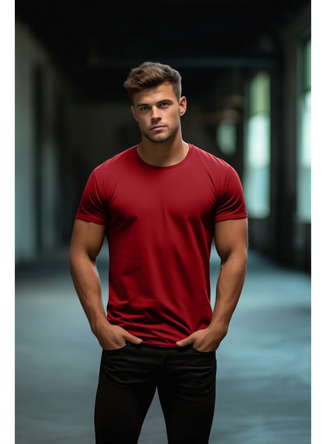 Burgundy Basic Slim Fit 100% Cotton Short Sleeve Crew Neck T-Shirt TMNSS19BO0001