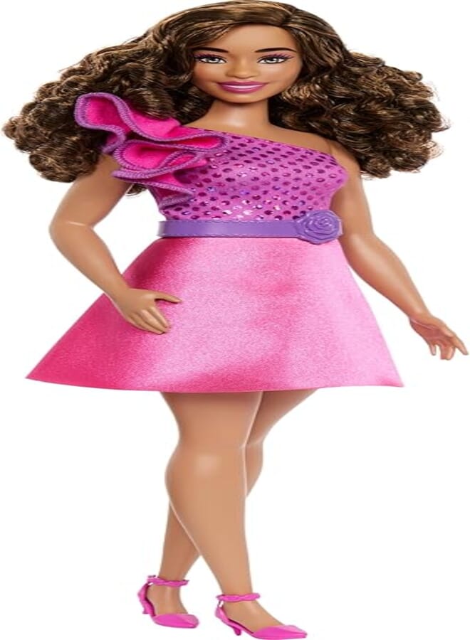 Barbie Barbie Fashionistas Doll #225, Curvy With Brown Hair, Pink Sparkly Dress, 65th Anniversary 