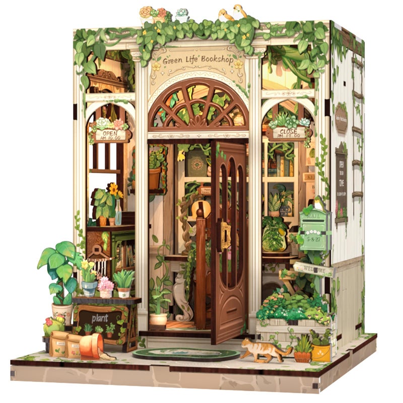 Fsolis Book Nook Kit 3D Wooden Puzzles for Adults 196 pcs DIY Miniature House Kit Mini Building Booknook Bookstore Bookshelf Diorama Gifts for Readers Book Lovers Green Lifes Bookshop - Image 2