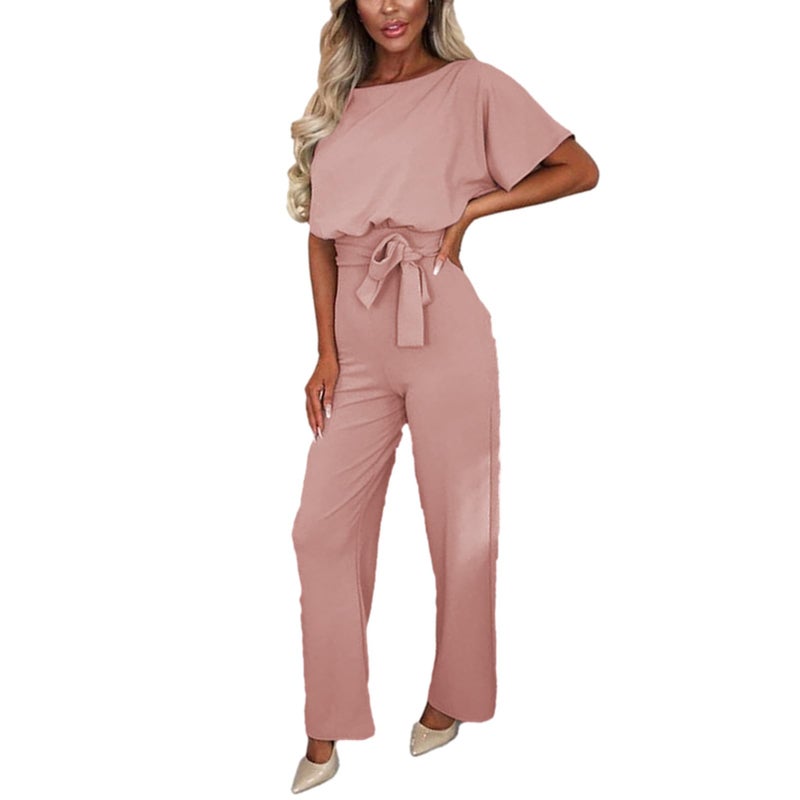 amropi Women's Short Sleeve Jumpsuits Belted Wide Leg Long Pant Romper Pink,L - Image 3