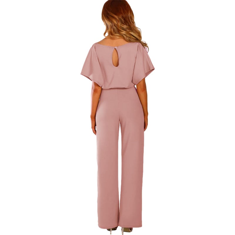 amropi Women's Short Sleeve Jumpsuits Belted Wide Leg Long Pant Romper Pink,L - Image 2