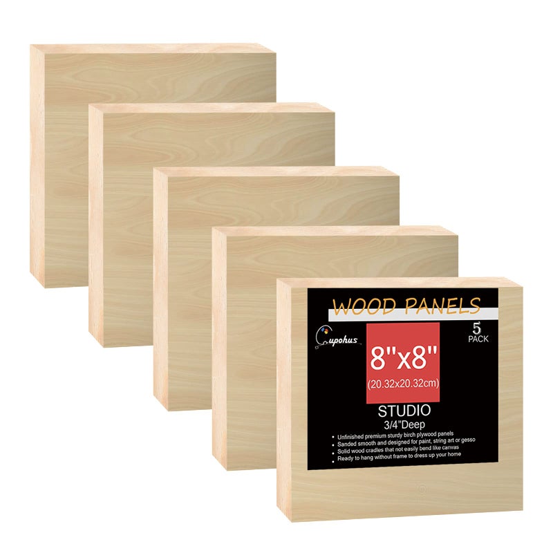 Cupohus Unfinished Wood Boards Canvas for Painting 5 Packs 34 Deep Cupohus 8 x 8 Wooden Cradled Panels for Pouring Art Crafts Paints and More