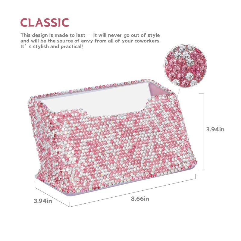 KEYPOWER Business Card Holder Stand for Office - Professional & Luxury Display Womens Office Name Card with White Crystal Accessories (Pink) - Image 4