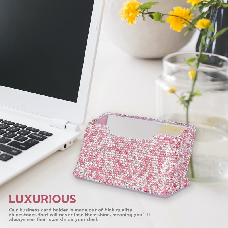 KEYPOWER Business Card Holder Stand for Office - Professional & Luxury Display Womens Office Name Card with White Crystal Accessories (Pink) - Image 2